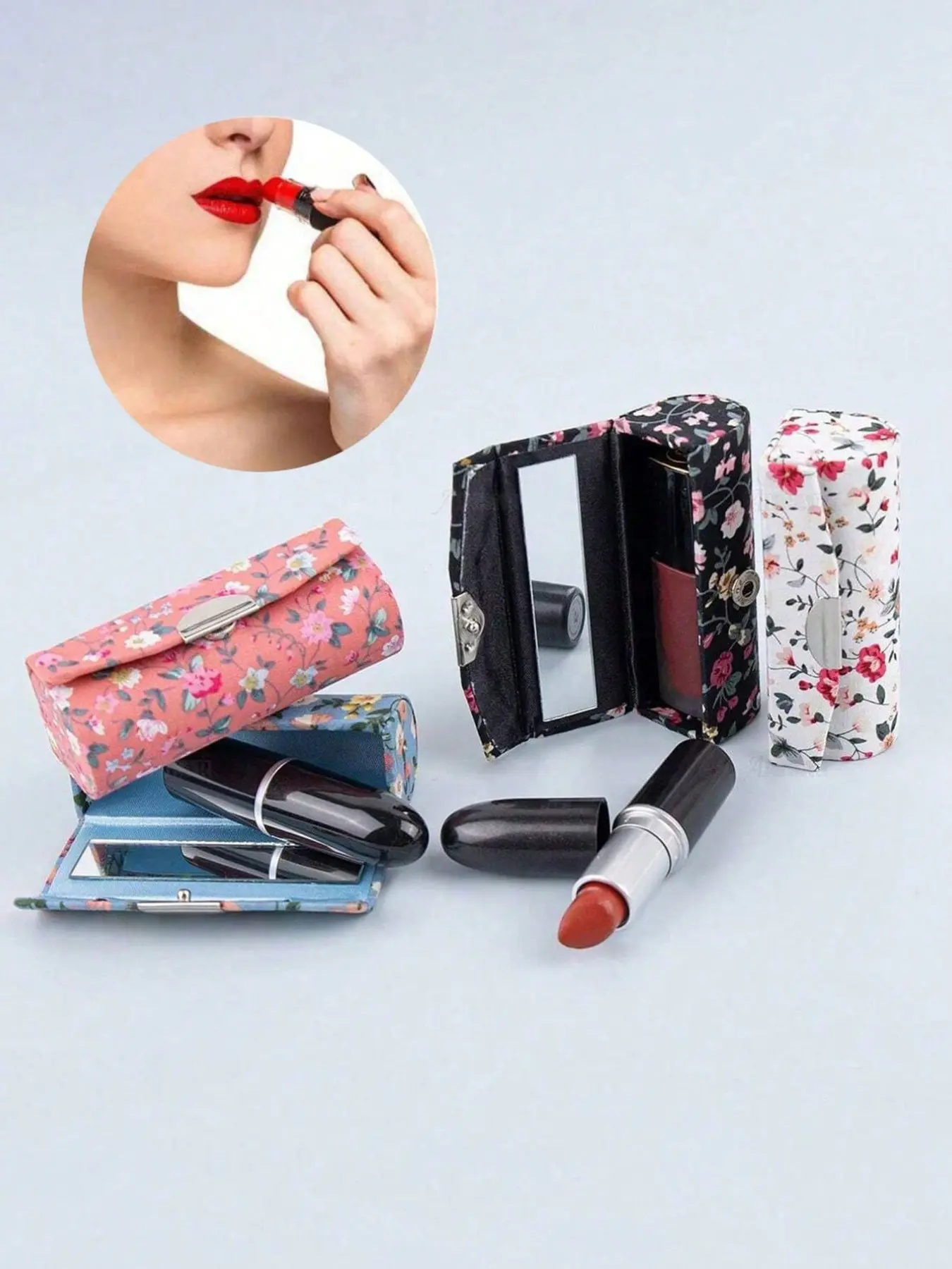 Women's floral lipstick case with mirror, lipstick holder, cosmetic storage set, travel makeup storage bag, can be placed in a handbag, vintage style floral pattern lipstick case, convenient for organizing cosmetics - perfect gift for women