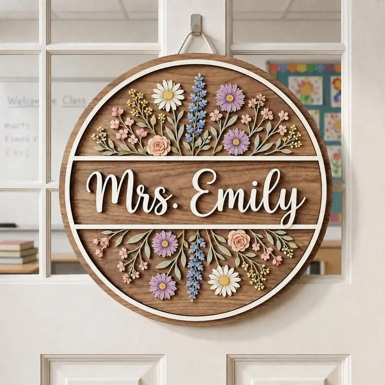 Personalized Wildflower Teacher Door Sign, Floral Classroom Door Hanger, Custom Teacher Name Sign, Boho Teacher Decor, Teacher Gift