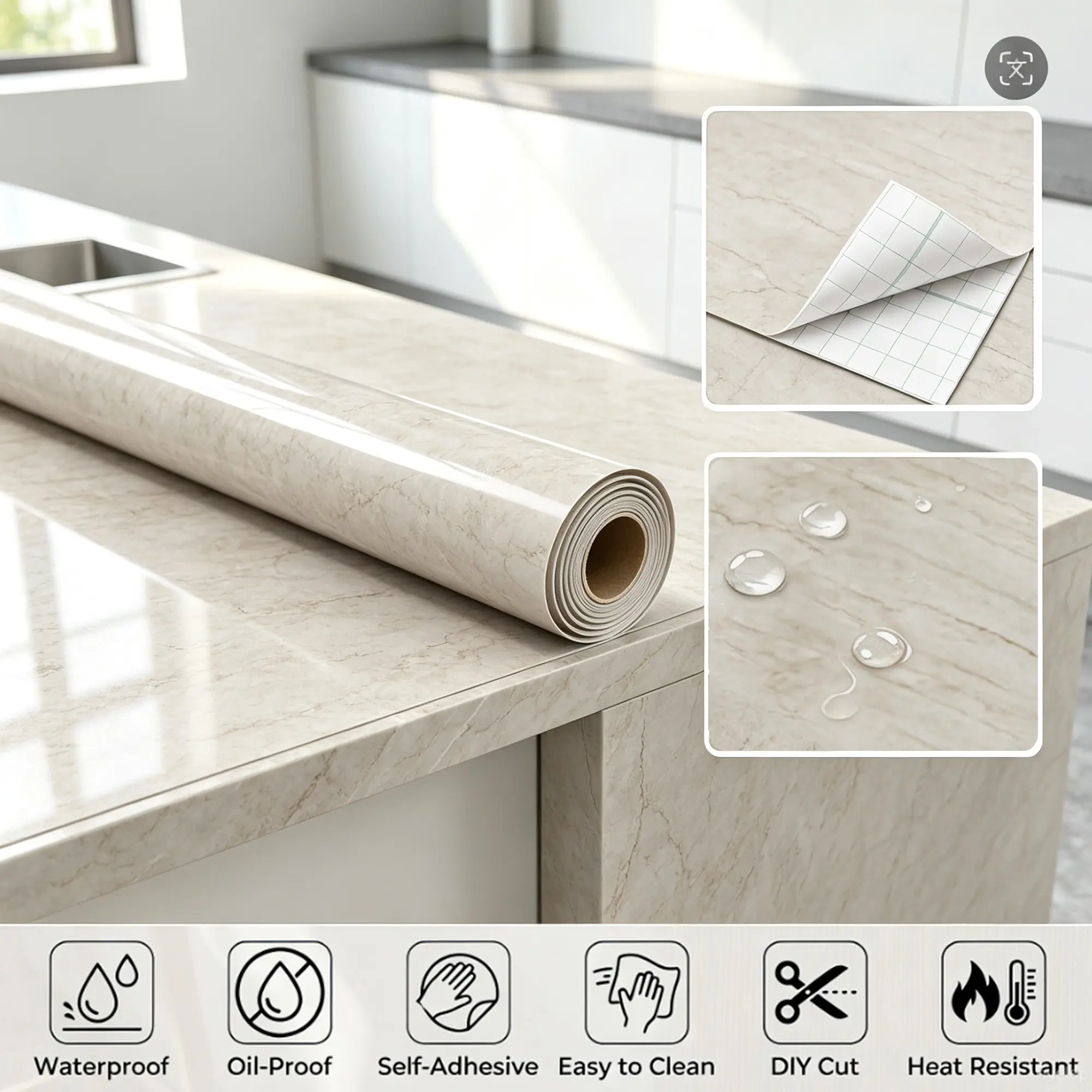 PVC White-Gray Marble Pattern Peel-and-Stick Wallpaper, Waterproof Self-Adhesive Removable Granite Contact Paper, Decorative Bathroom Wallpaper for Indoor DIY Countertops, Kitchen Backsplash, Bathroom Wallpaper Peel And Stick