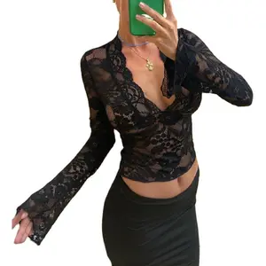 Women Lace See Through Top Sexy Sheer Mesh Long Sleeve Crop Top Low Cut Floral Lace Slim Fit Shirt jeans  addict
