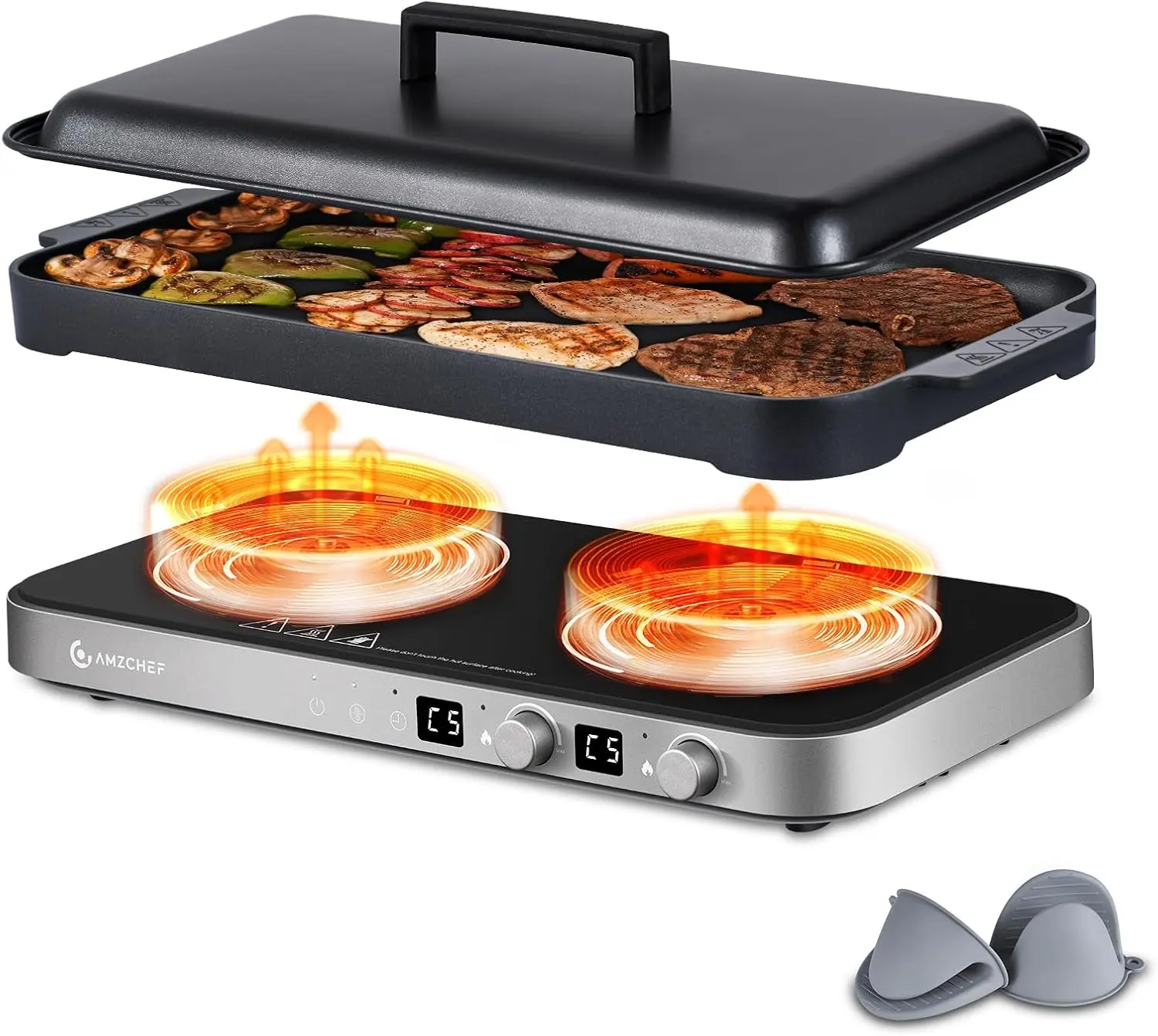 Double Induction Cooktop, 1800W 2 Burner with Griddle Pan, Grey