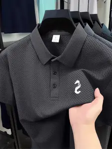 Breathable Knit Summer Short Sleeve Dragon Phoenix Men's Casual Polo Shirt Button Design, Fitted Style, Moderate Fabric Thickness