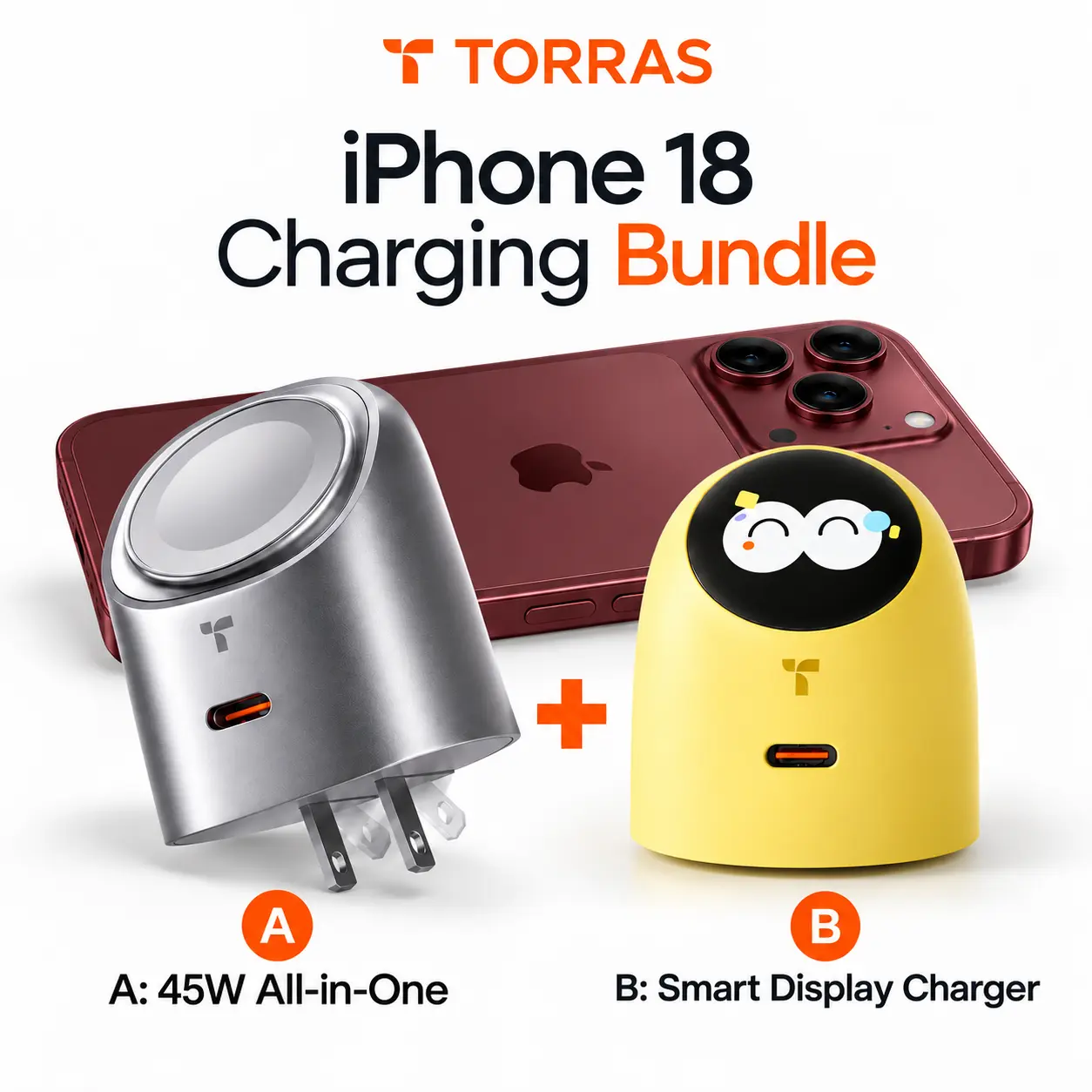 TORRAS FlashEye Charging Bundle, Smart Display Interactive USB-C Wall Charger + 2-in-1 Apple Watch Magnetic Charger, Fast Charging, Real-Time Charging Display, Foldable Compact Travel Charger for iPhone 18 17 16 15 14 13Pro Max, iPad, MacBook, Apple Watch