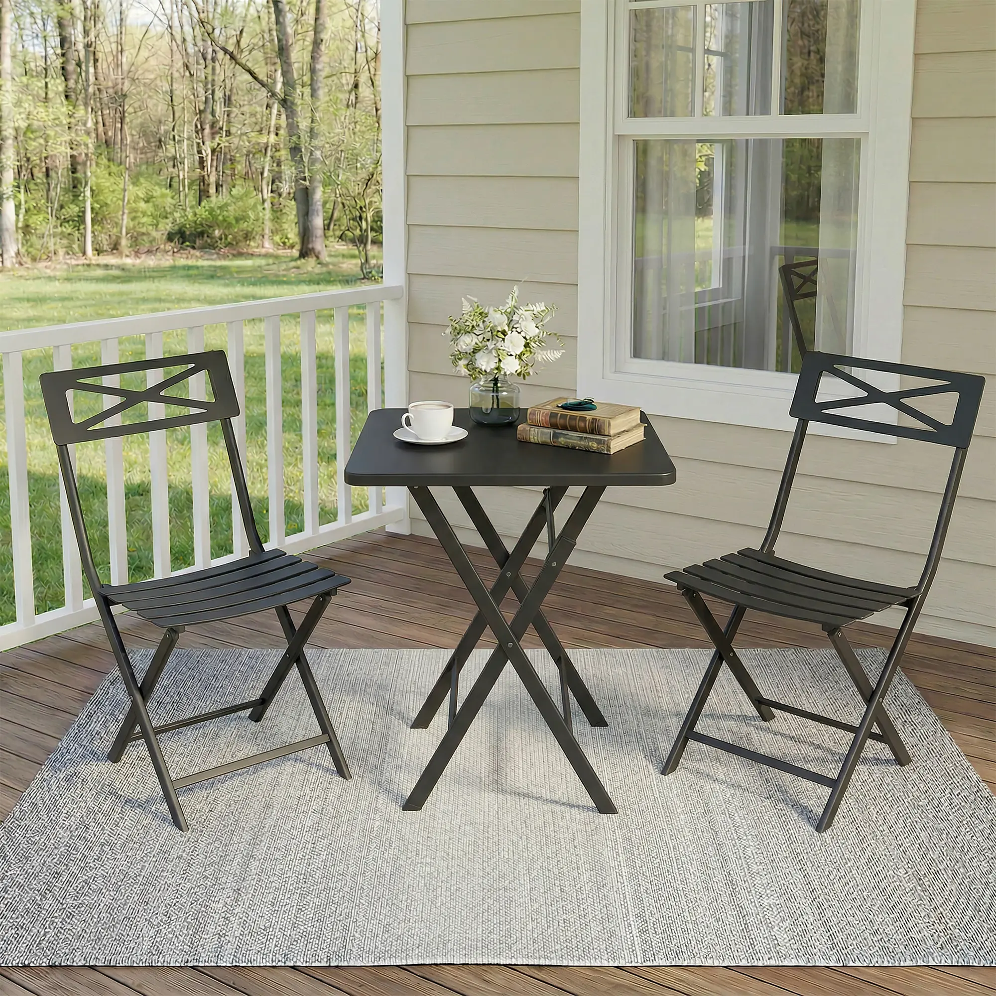 3-Piece Outdoor Patio Bar Set, No Assembly Required, Collapsible Folding Bistro Table Chairs, Electrophoretic Coated Steel Waterproof Durable Outdoor Furniture Sets for Balcony, Back Porch, Garden