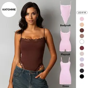 KatchMe Lace Series Women's Spaghetti Strap Lace Trim Breathable Bodysuit, Slim-Fitting Playsuit, Seamless Sexy Nightdress, Chic Two-Piece Set(2)