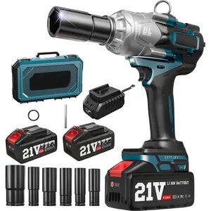 Upgrade 1300N.m/1000Ft-lbs Cordless  Wrench, 2x 5.0AH , 1/2 Inch Electric  ,  Charger, Power  Wrench for  RV Heavy-duty with 5 Sockets(17mm,19mm,21mm,24mm,32mm)