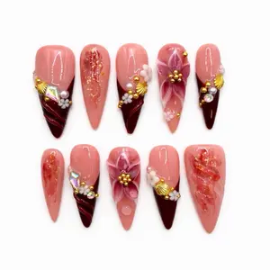 Press On Nails Prette Nail Studio Rosé Opulence , Long Stiletto, Blush Pink and Wine Tones, Gold Foil Accents, 3D Floral Details, Pearl and Gold Charms, Glossy Finish
