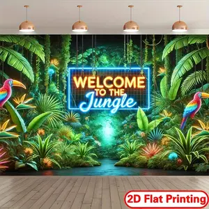 2D Flat Printing Banner 1pc Welcome to the Jungle Photography Backdrop - Vibrant Neon Tropical Design with Toucans & Foliage, Durable Polyester Tapestry for Indoor/Outdoor Parties, Studio Props, Birthday & Holiday Decorations, Party Decoration