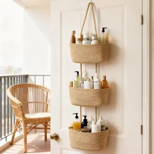 A set of detachable wall-mounted storage baskets (including 1 door-mounted hook + 3 transparent hooks)  Woven cotton 3-Tier Over the Door Basket, Wall-Mounted Jute Storage Organizer – Decorative Nursery Baskets