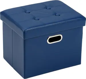 Storage Ottoman 17x13x13in Leather Ottoman Rectangle Footrest Footstool Folding Ottoman for Room Dorm Small Collapsible Bench Seat Organizer Entryway Furniture with Handles Lid Royal Blue