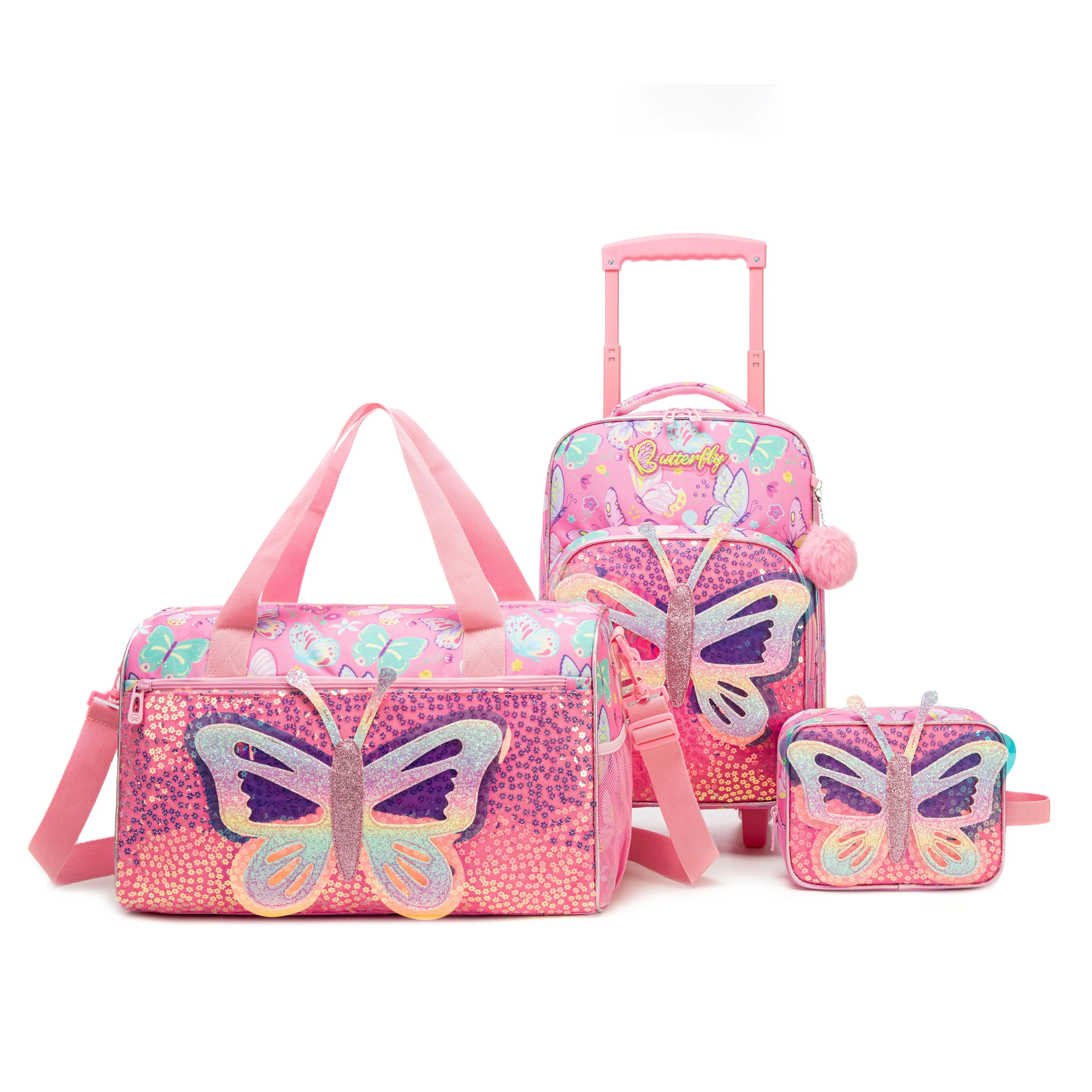 Girls' Pink Glitter Butterfly 3-Piece Travel Luggage Set - Lightweight Rollable Spinner Wheel Carry-On Luggage, Duffle Bag & Quilted Lunch Bag, Lightweight Carry-On Luggage