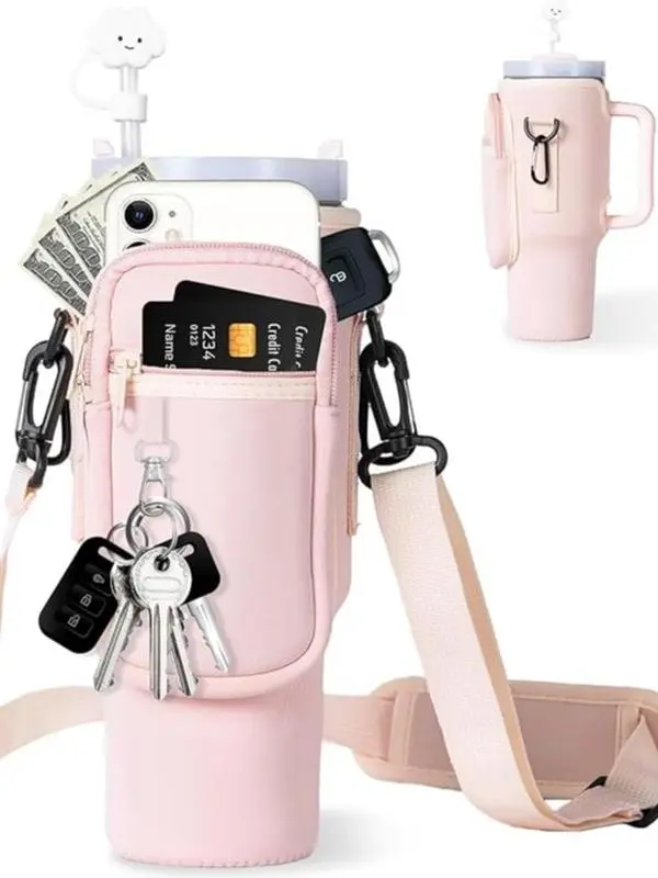 Durable Neoprene Water Bottle Carrier Bag for Tumbler 40 oz with zipper pocket and adjustable Strap Drinkware Drink Cup Mug
