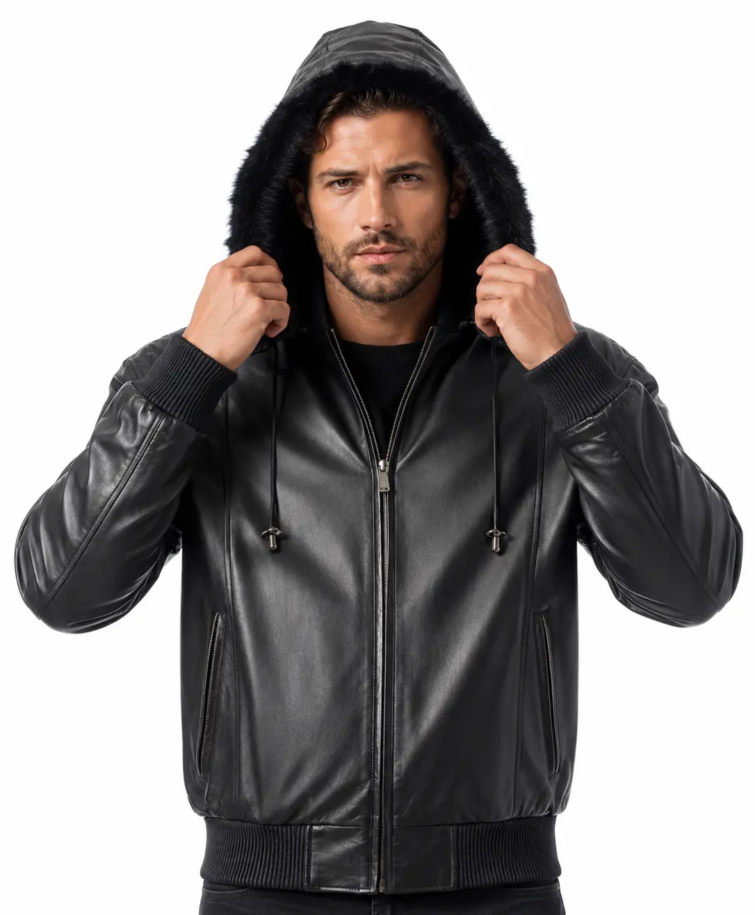 REED Men's Faux Leather Bomber Jacket - Faux Fur Lined, Detachable Hoodie, Baseball Collar, Elastic Waistband, Zip-Out Liner, Long Sleeves, Casual Imported Menswear Top