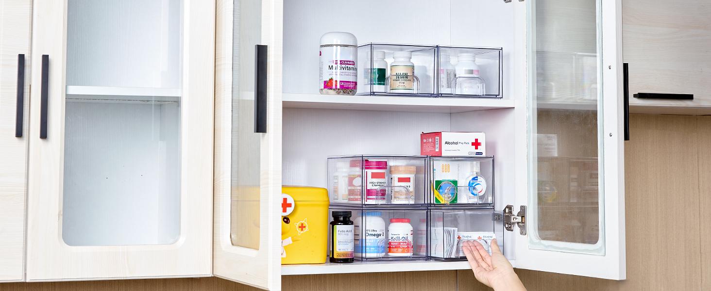 4 Pack Small Clear Stackable Storage Drawers,Acrylic Bathroom Makeup Organizer,Plastic Storage Bins For Vanity, Undersink, Kitchen Cabinets, Pantry, Home Organization