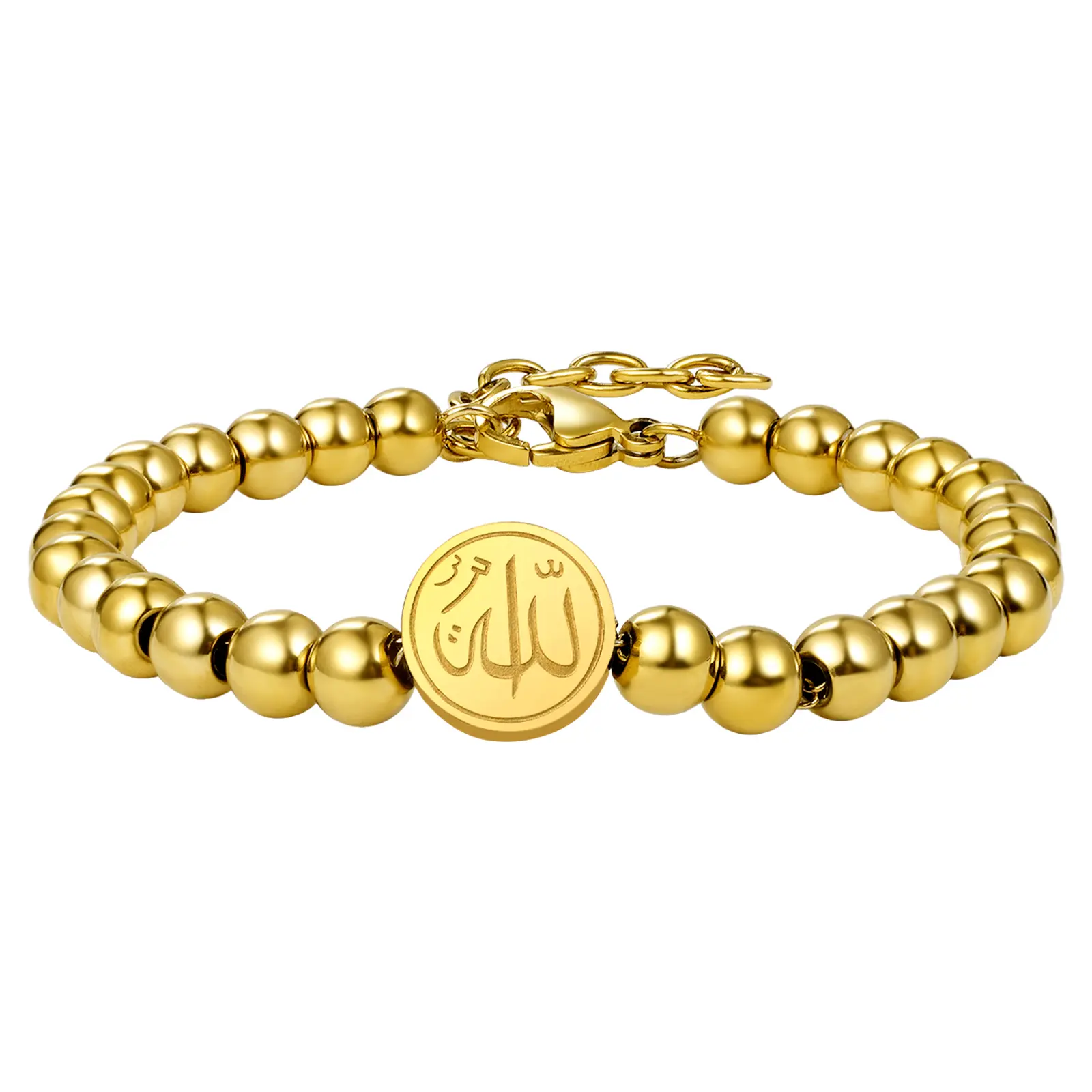 OIDEA Islamic Bracelet with Allah Charm, Religious Ball-Chain Jewelry for Men & Women, Adjustable 7.09-8.66 in, Faith Decor Gift for Ramadan, Dimensions, Tarnish-Free, Adjustable Size, Allah Symbol, Islamic Fashion, Round Beads, Religion, 1.57 Inch Extend