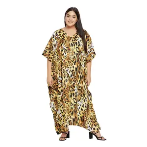 Gypsie Blu Women's Leopard Print Kaftan Plus Size Kimono Maxi Dress Summer Long Beachwear (Brown)
