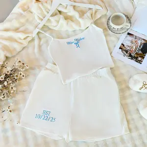 Embroidered Mrs. Pajama Set for Bride,  Bridal Pjs, Bride Pajamas, Bride Tank Top Set,Getting Ready Outfit for Bride,Engagement Gift for Her