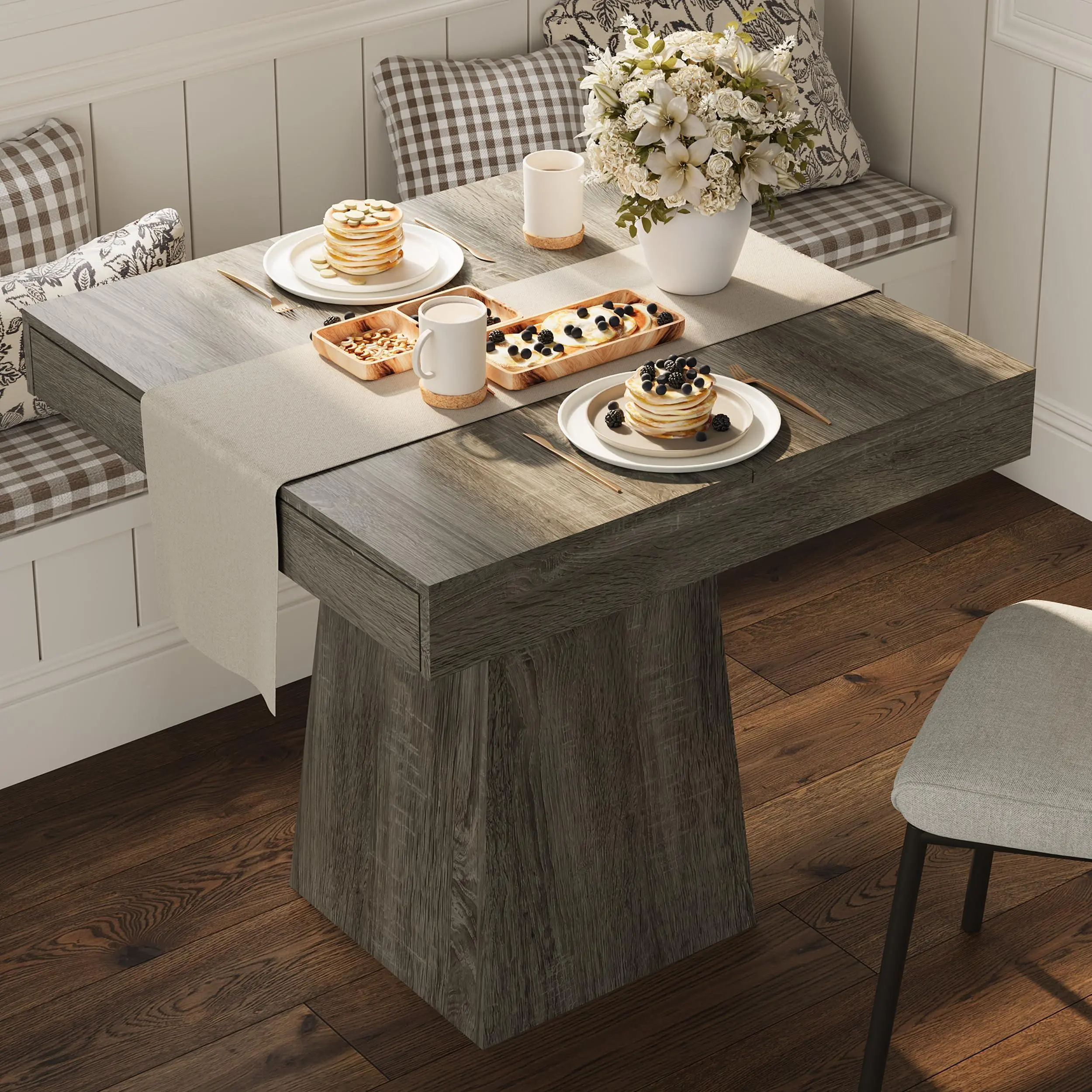 GARVEE Gray Square Dining Table for 4 with 2 Storage Drawers, Compact Wood Kitchen & Dining Room Table, Pedestal Base, Space-Saving Modern Farmhouse Look