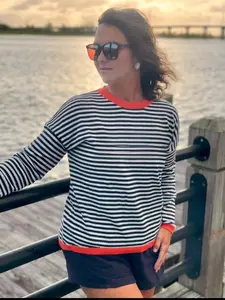 Coastal Embroidered Navy Stripe Knit Sweater - Loose Fitting, Comfortable, Coral Accents, Size Up for Oversized Fit