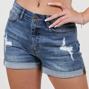 Women Stretchy Mid Rise Jean Shorts Rolled Cuffed Distressed Summer Casual Denim Shorts Fashion Daily Wear Y2K Streetwear Rolling Up