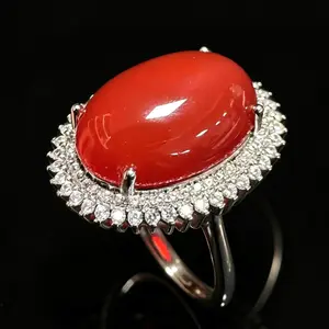 Natural Carnelian Halo Adjustable Ring, 925 Sterling Silver