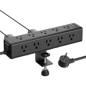 Standing Desk Clamp Power Strip with 15 Outlets, Black Desktop Edge Mount Surge Protector Outlet,   USB-A and 45W USB-C Ports, 10 FT Flat Plug, Black Fit 1.6 inch Table top.
