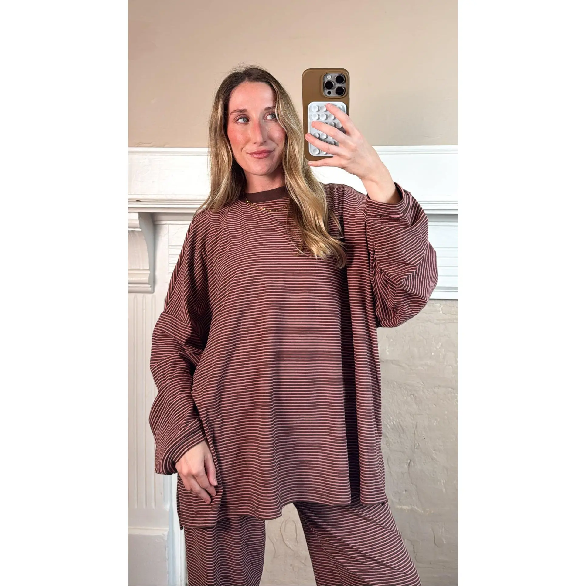 Women's Casual Oversized Strawberry-Chocolate Striped Spandex Hoodie Sweatshirt Top