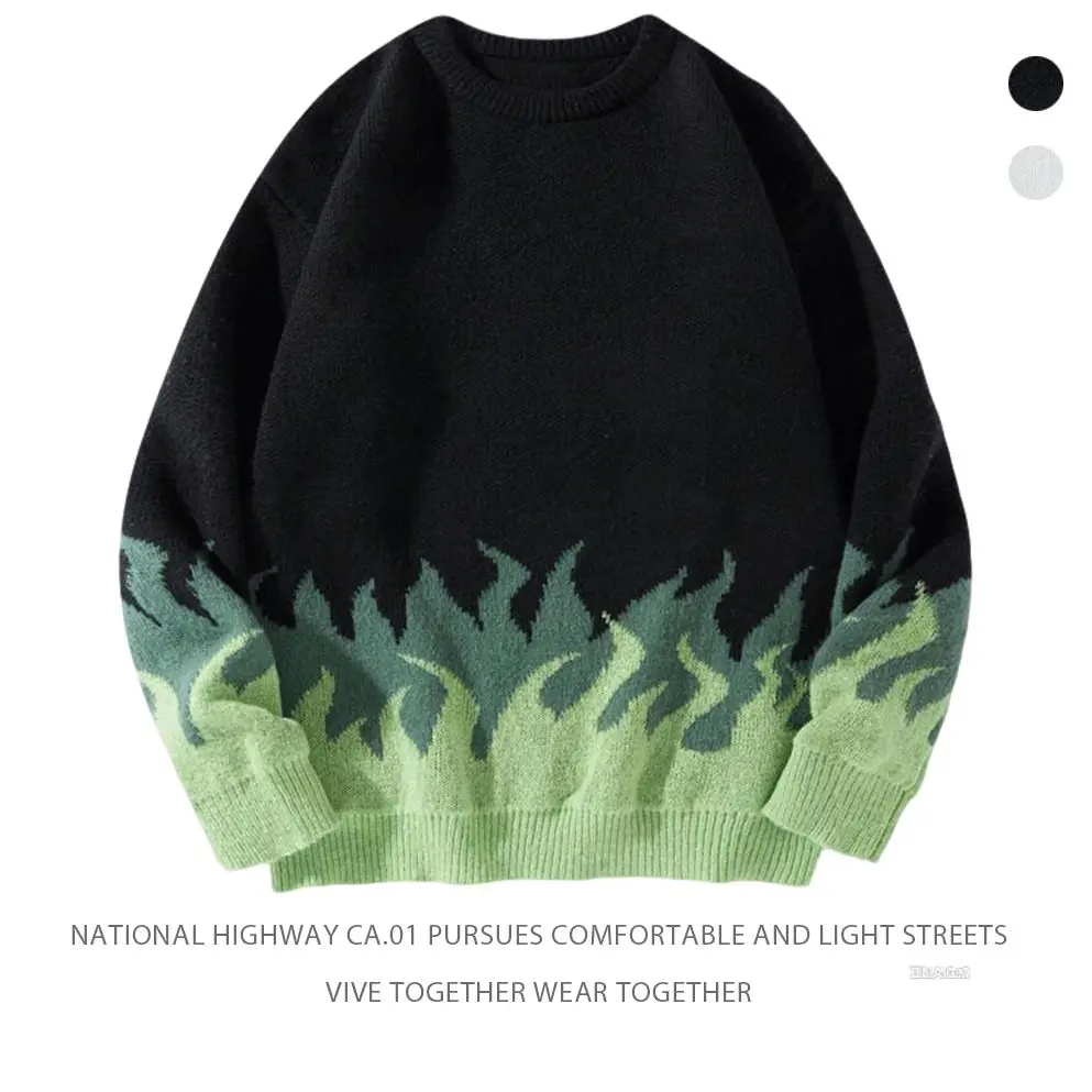NATIONAL HIGHWAY CA.01 Unisex Men's Fire Print Drop Shoulder Crewneck Sweater Loose Fit Long Sleeve Y2K Style Pullover Top for Casual Wear Jeans Flame Stylish Knitwear Leggings Menswear Streetwear