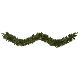 9’ Mixed Pine Artificial Christmas Garland with 50 Clear LED Lights, Berries and Pinecones 9’ Mixed Pine Artificial Christmas Garland with 50 Clear LED Lights, Berries and Pinecones