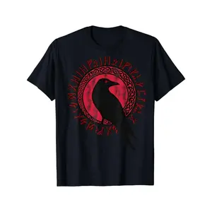 Men's Viking Mythology Odin's Raven Mentor T-Shirt - Nordic Pattern Print Black Cotton Top, Red and White Design, Cultural Fashion Item, Mature Style Durable Fabric Shirt shirts men Casual Short-Sleeve