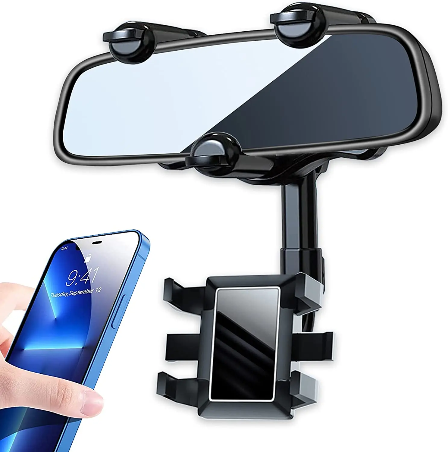 Universal 360° Car Rearview Mirror Mount Stand Holder Cradle For Cell Phone GPS for Car ,Rotatable and Retractable Mount Clip Anti-Shake for 3-7 Inch Cell Phone