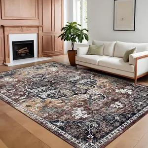 【GARVEE】Vintage Area Rug 5x7 Machine Washable Rug, Non-Slip Soft Floor Carpet for Living Room, Low Pile Oriental Medallion Floral Printed Accent Rug for Dining Room, Bedroom, Brown+Red