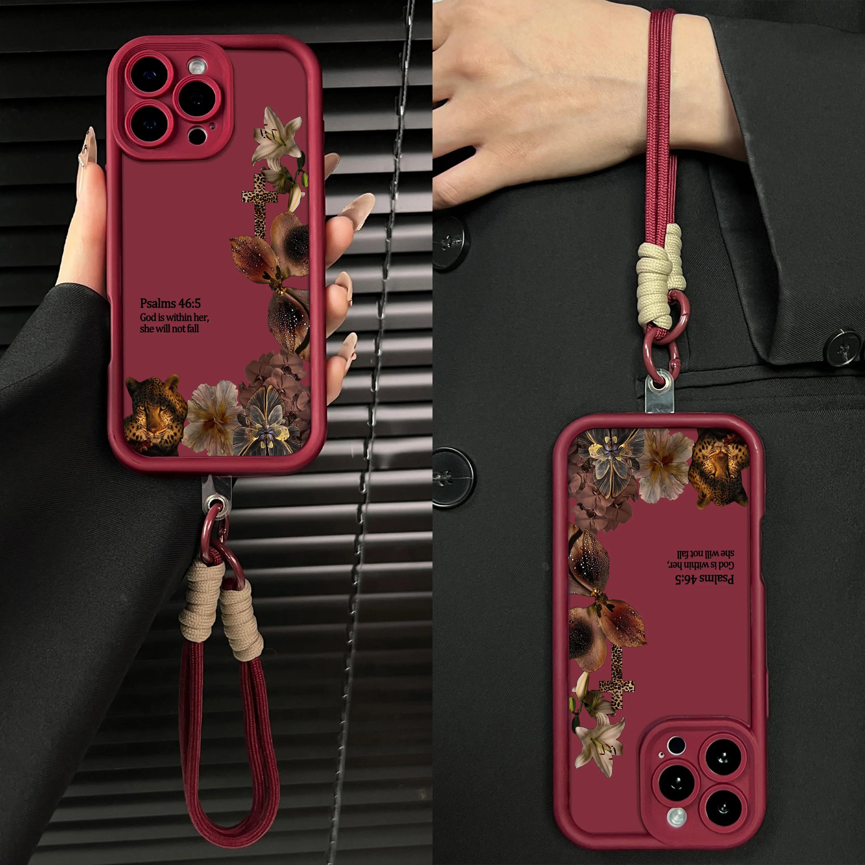 Aesthetic Leopard Print Bible Verse Phone Case for iPhone 17 Pro Max Air 16 15 Plus 14 13 12 11 with Wrist Strap Lanyard Psalms 46 5 Christian Religious Faith Gift Shockproof Protective Case