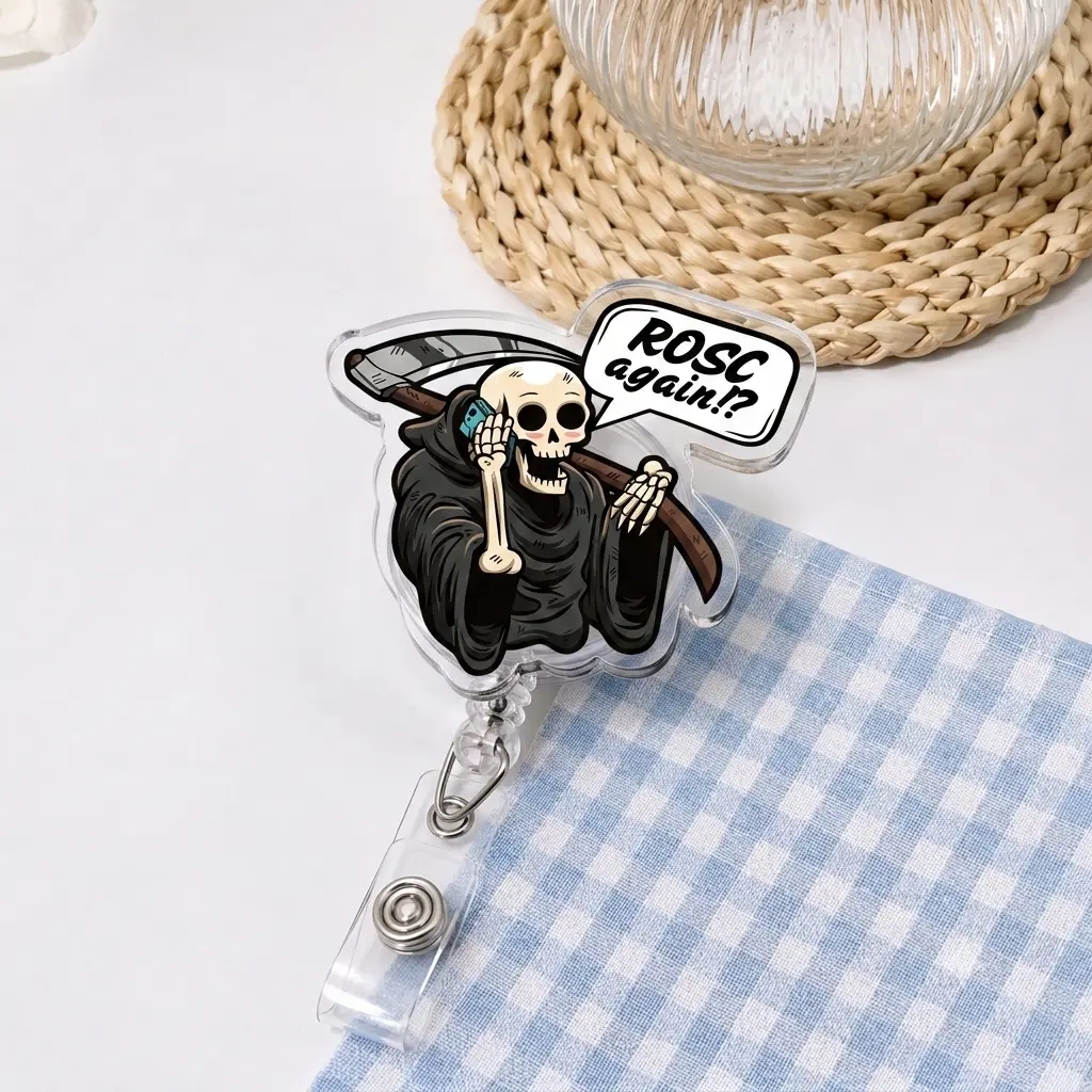 Dark Humor Nurse Badge Reel, Retractable ID Card Holder with Grim Reaper Phone Call and ROSC Again Quote, Funny Gift for ICU, ER, EMS and Critical Care Staff