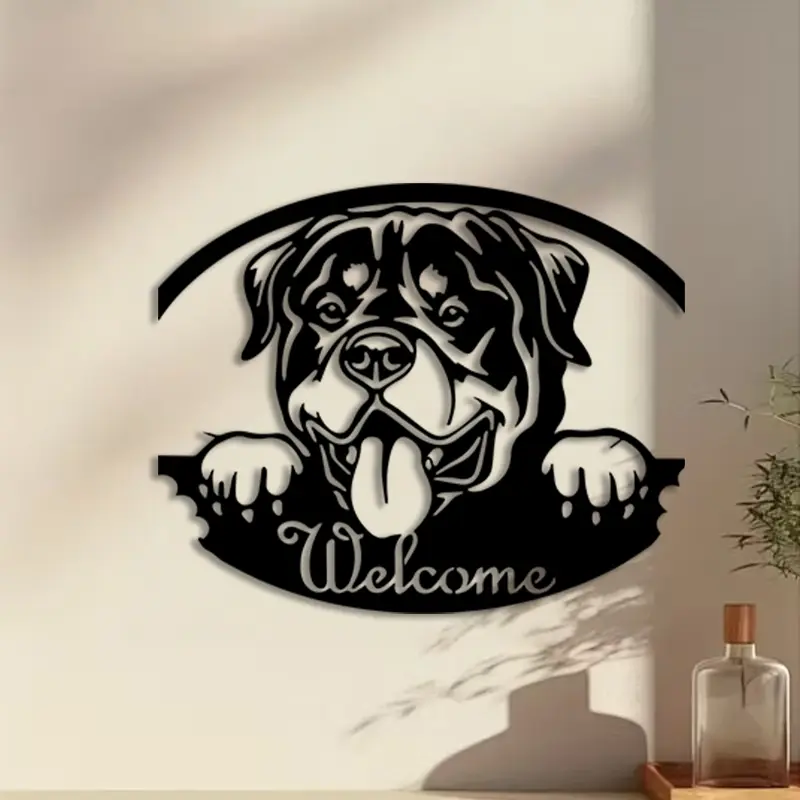 1pc Rottweiler Welcome Metal Wall Art, Rottweiler Welcome Statue Mural, Modern Home Decor, Perfect for Entryway Wall, Living Room Wall, Kennel Wall, Pet Lover Decor, Ideal Gift for Dog Owners, Durable Metal, Creative Modern Decoration, Decoration Items