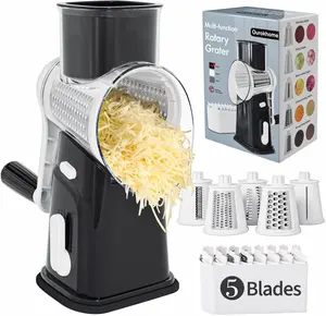 [New Deal]- Cheese Grater Hank Crank Cheese Shredder, Mandoline Vegetable Slicer with 5 Interchangeable Blades and Strong Suction Base for Fruit, Vegetables, Nuts Black