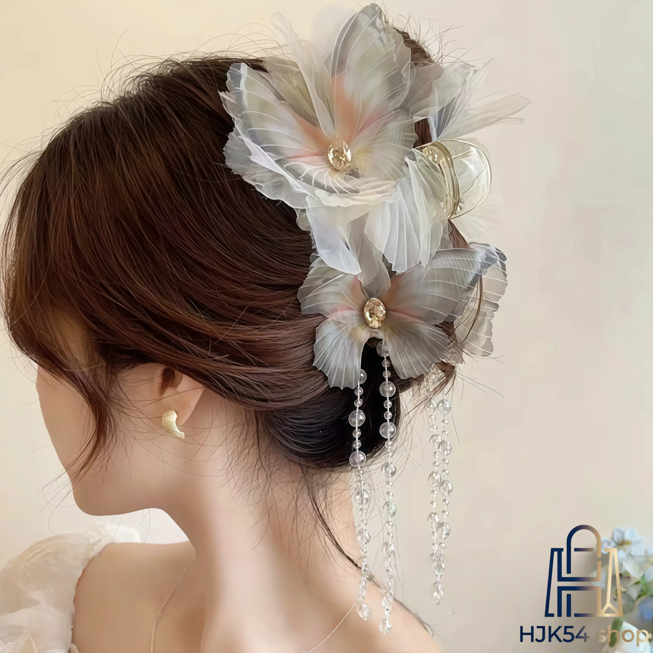 2pcs Butterfly Tulle Jaw Clip - Crystal Bead Tassel, Rhinestone-Adorned Elegant Mesh Design, Strong Non-slip Hold for Thick Hair, Fairy-Style Accessory for Party & Daily Wear