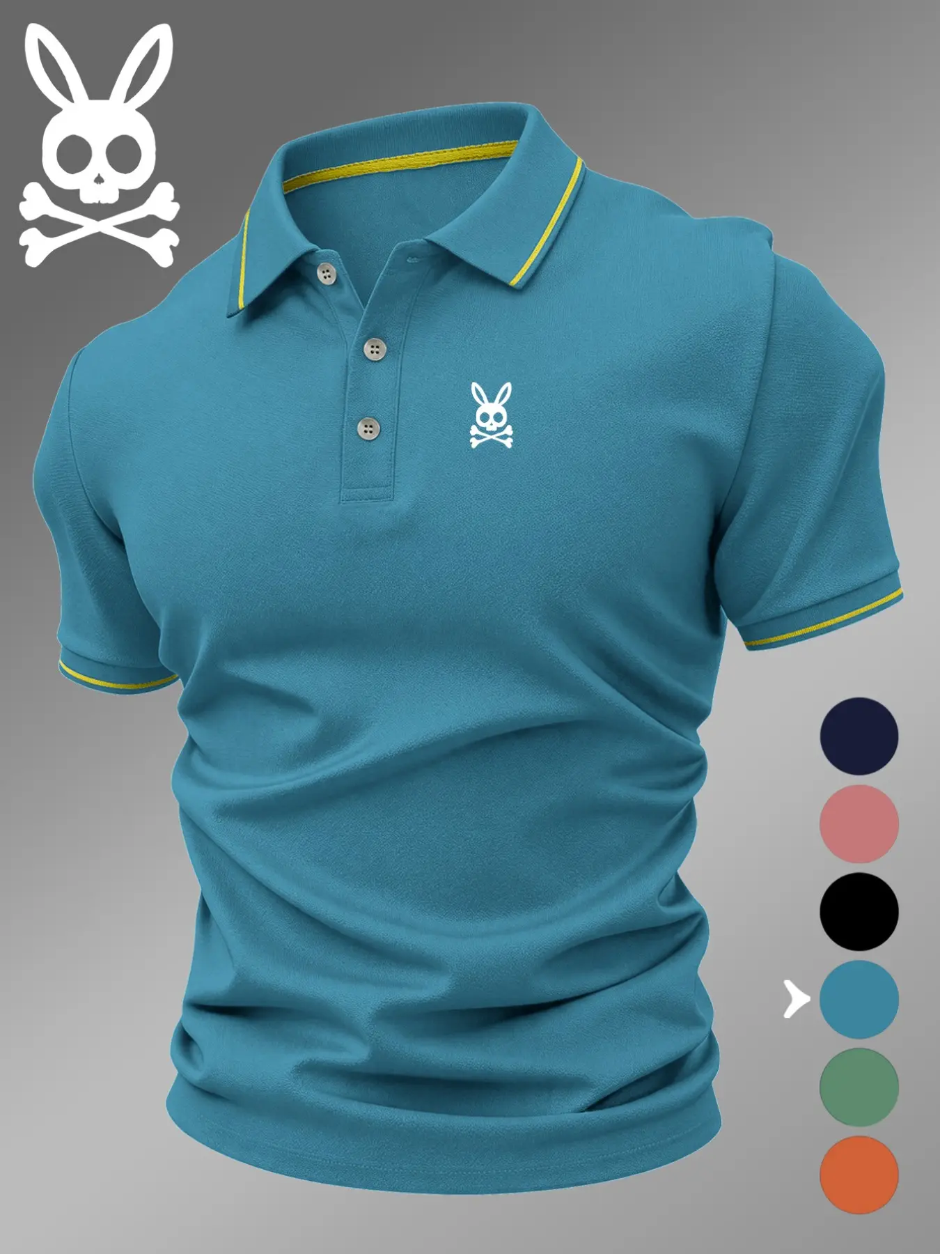 Men's Casual Breathable Skull Rabbit Print Polo Shirt, Elastic Comfortable Durable High-End Polo Top, Buttoned Polo Shirt