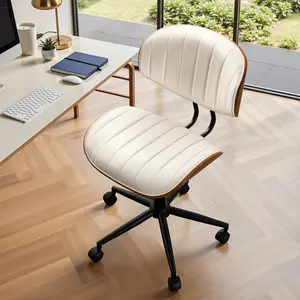 CAODOC Home Office Chair with Wheels, Adjustable Height Desk Chair PU Leather Swivel Computer Chair, Armless Modern Walnut Chair for Office, Meeting Room