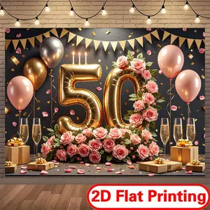 Elegant 50th Birthday Backdrop Banner with Gold 50 Balloon Roses and Festive Elements 2D Flat Printing Suitable for Gifts
