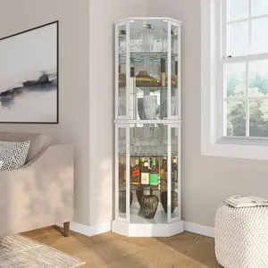 Lighted 3-Side Glass Display Curio Cabinet with Tempered Glass Doors and Shelves, Curved Wood Corner Cabinet with Bulb, Corner Curio Storage Rack for Bar and Liquor Storage - Ashfield (White)