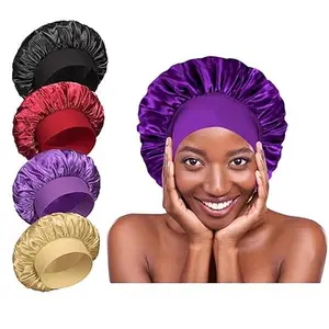 Satin Bonnets for Sleeping - Elastic Wide Band Silk Hair wrap Bonnets for Sleeping Black Women Men,Silk Bonnets for Curly Hair,Large Hair Cap for Sleeping Shower