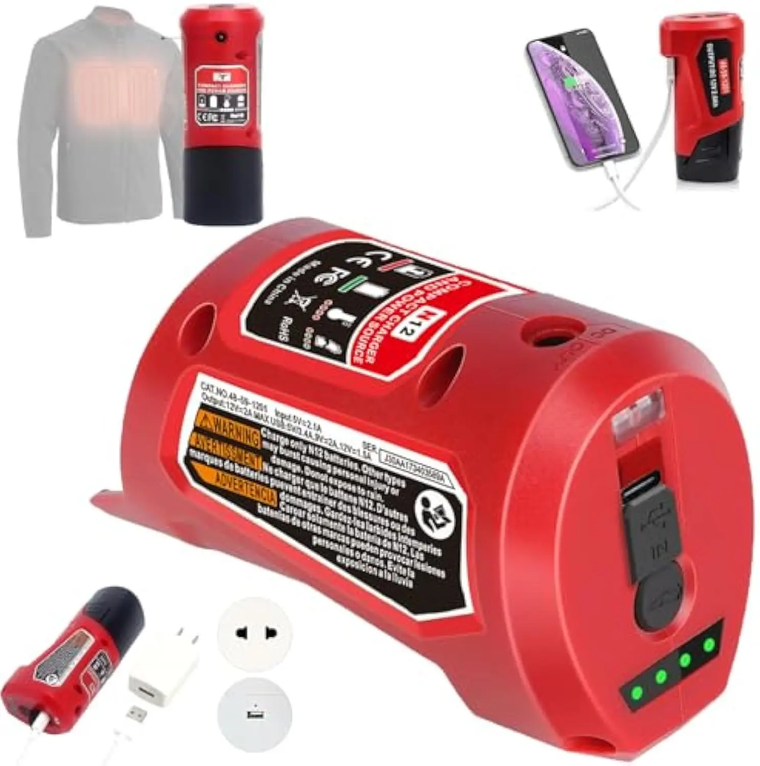 for Milwaukee for M12 12V Battery Charger Adapter, Type-C Input with USB & 12V DC Output for Heated Jacket for Milwaukee for M12 12V Battery Charger Adapter, Type-C Input with USB & 12V DC Output for Heated Jacket