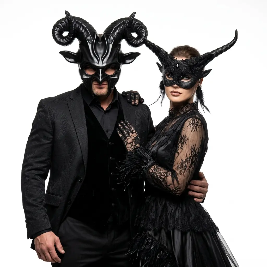 Black Devil Demon Goat Horn Couple Masquerade Party Masks For Halloween