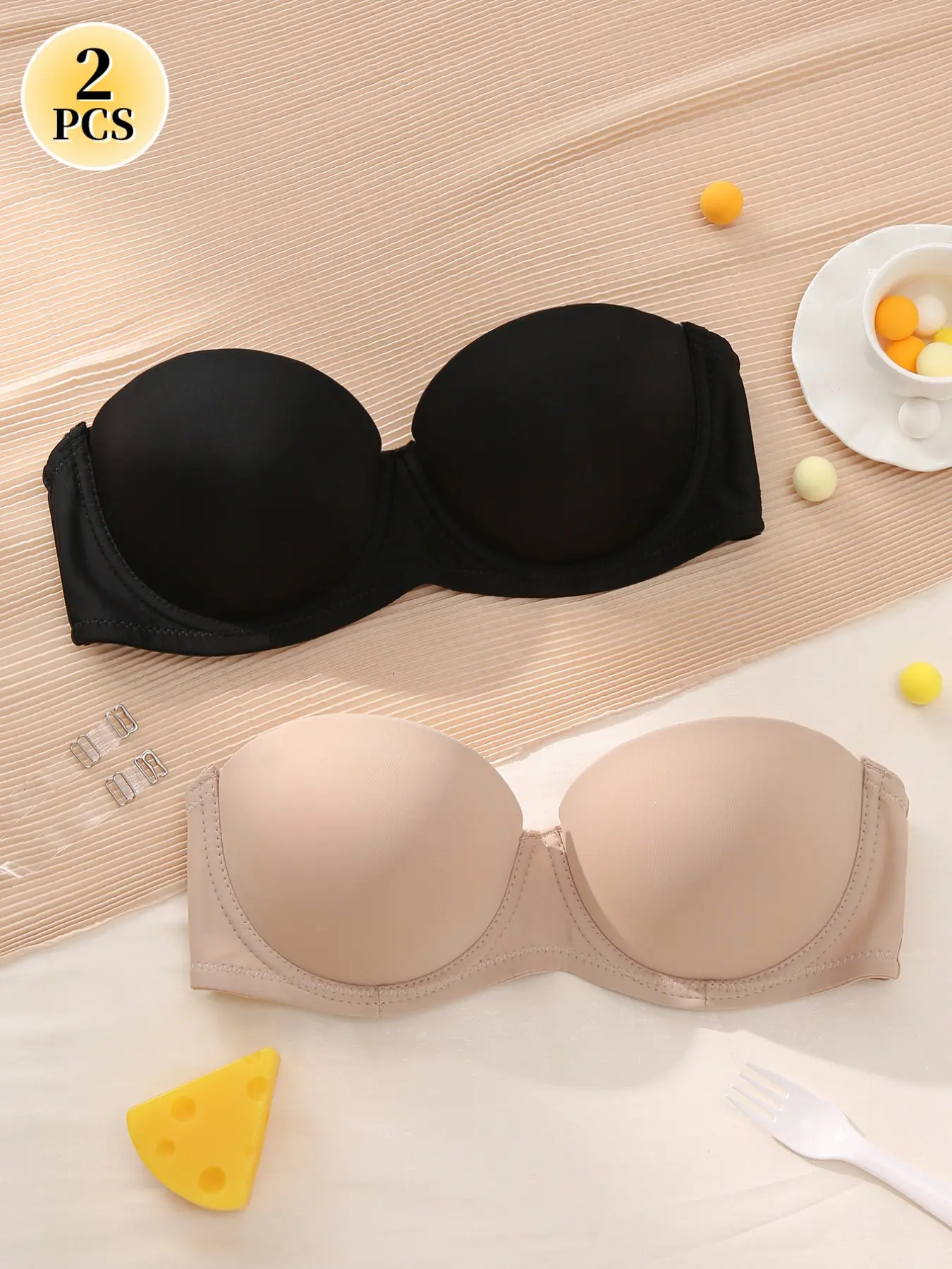 2PCS Women's Seamless Smooth Elegant Chic Fit Push-Up Underwire Bra, Padded Add Cup Invisible Non‑slip Comfortable Bandeau Lift Anti‑sagging Multiway  Detachable Straps, for Daily Wear & Dates Strapless off-shoulder