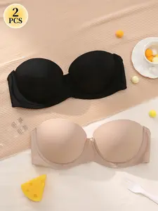 2PCS Women's Seamless Smooth Elegant Push-Up Underwire Bra, Padded Add Cup Invisible Non‑slip Comfortable Bandeau Lift Anti‑sagging Multiway  Detachable Straps, for Daily Wear & Dates off-shoulder