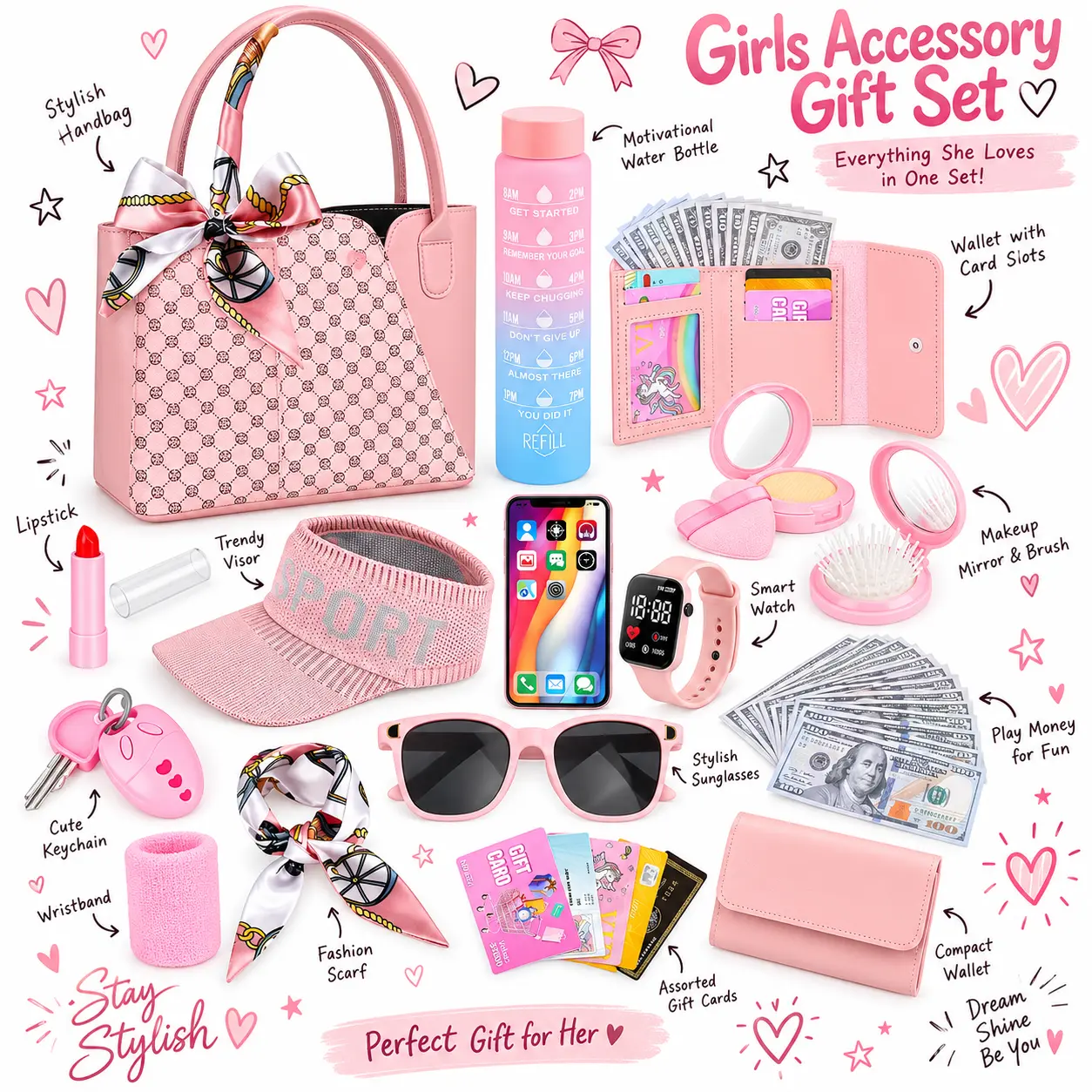 Halloween Fall Gift Play Purse for Little Girls, 34PCS Toddler Sports Purse with Sun Hat, Wristbands, Water Bottle, Princess Toys Includes Handbag, Wallet, Pretend Makeup for Kids Purse Birthday Gift for Girls 3 4 5 6 +