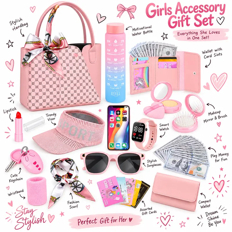 Halloween Fall Gift Play Purse for Little Girls, 34PCS Toddler Sports Purse with Sun Hat, Wristbands, Water Bottle, Princess Toys Includes Handbag, Wallet, Pretend Makeup for Kids Purse Birthday Gift for Girls 3 4 5 6 +