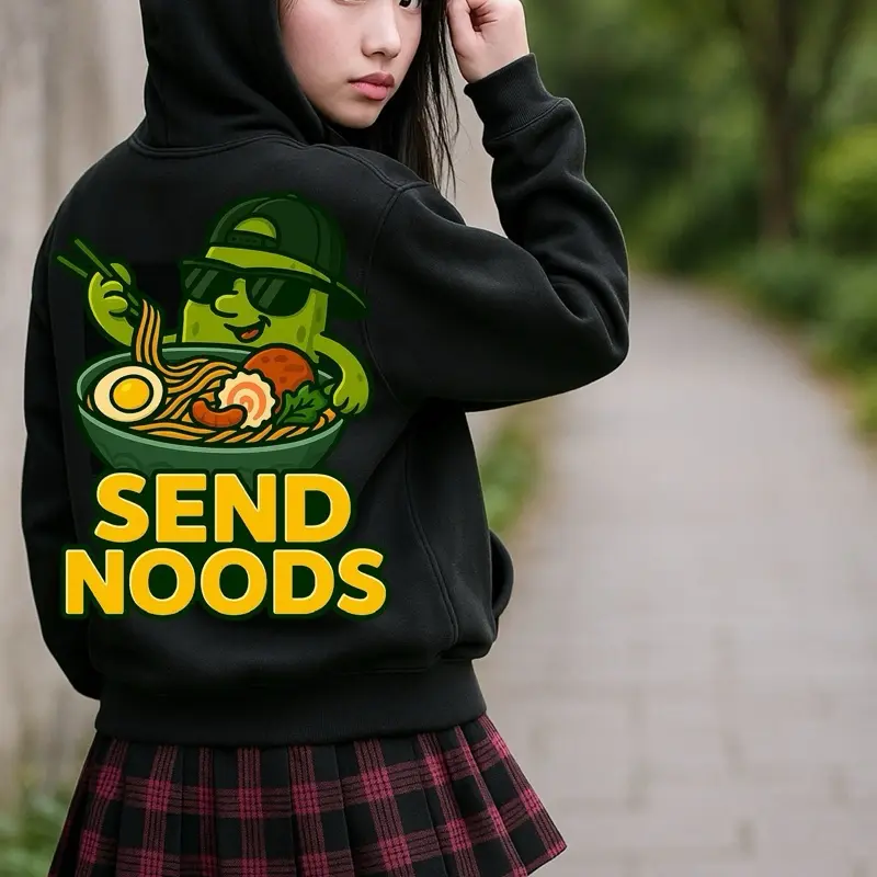 Ramen Pickle Three-Panel Fleece Hoodie Soft Stylish Menswear with Kangaroo Pocket & Drawstring Hood for Ramen Lovers and Foodies Noodle