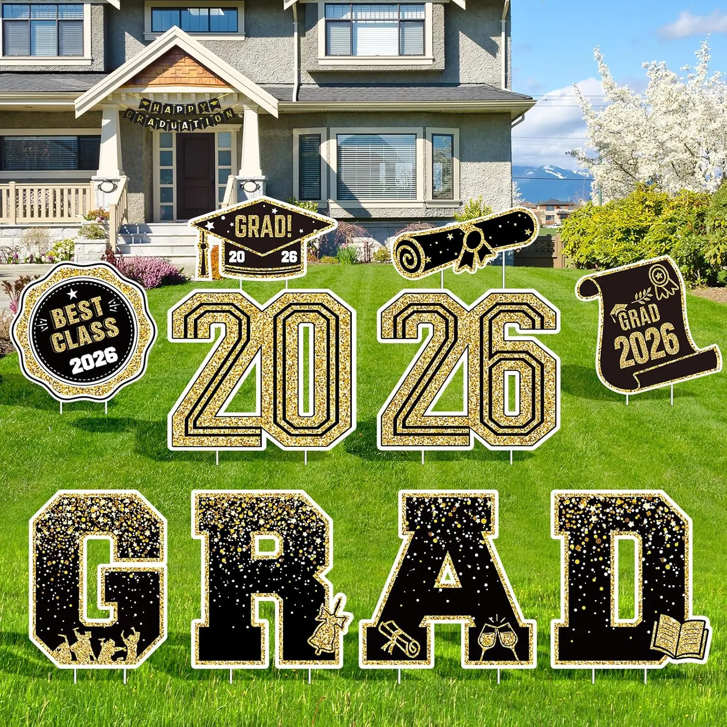 2026 Graduation Decorations Yard Signs – 10PCS Black and Gold Congrats Grad Lawn Decorations with Stakes, Graduation Party Supplies, Large Outdoor Graduation Party Decor for High School & College